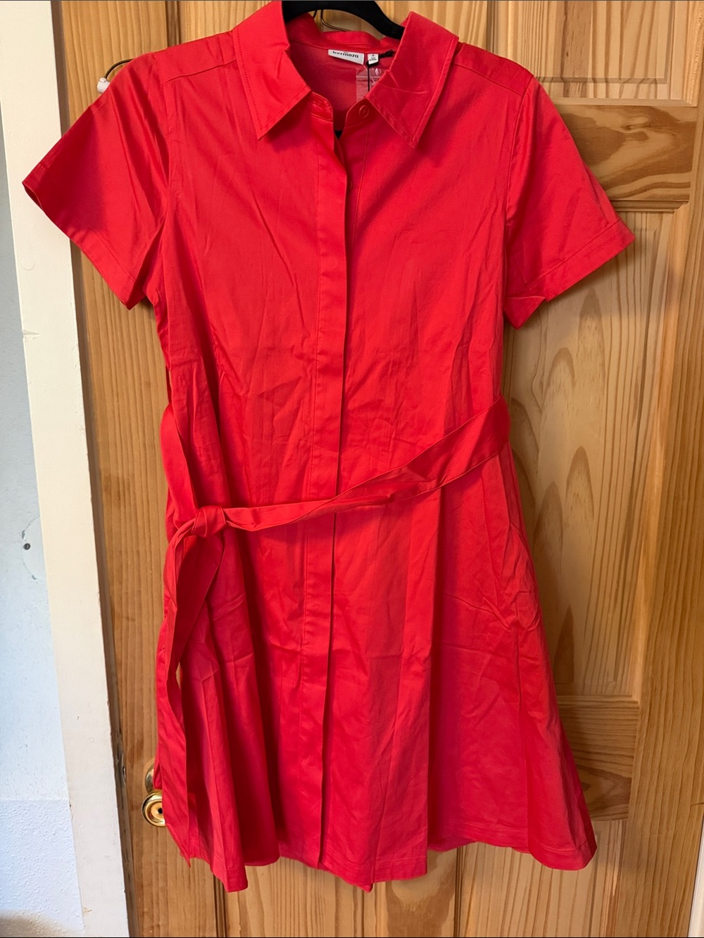 Hermoza Bright Red Short-Sleeve Shirt Dress with Tie